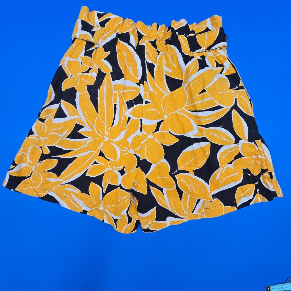 Who What Wear Floral Linen Shorts High Rise Pleated Paperbag Yellow Black 2 - Picture 2 of 8